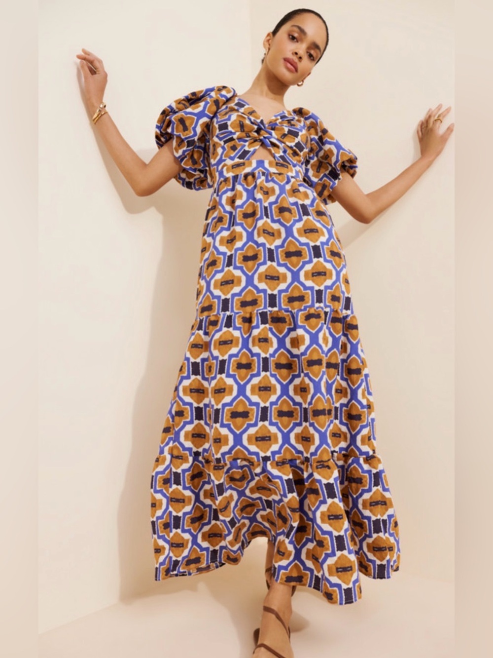 Anthropologie Patterned Cut Out Puff-Sleeve Maxi Dress in Mustard & Blue XSP